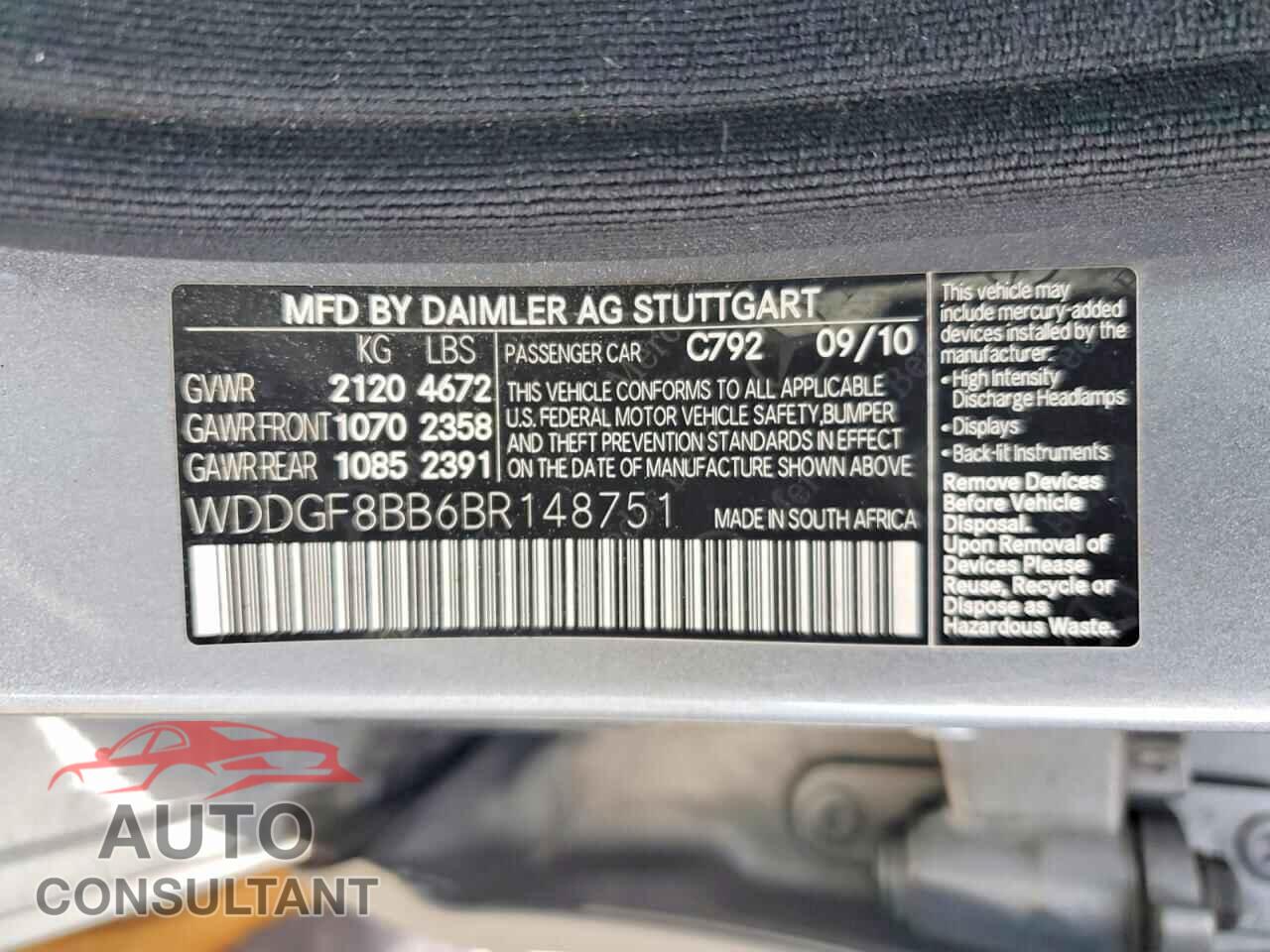 MERCEDES-BENZ C-CLASS 2011 - WDDGF8BB6BR148751