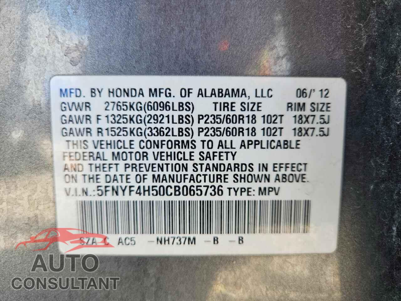 HONDA PILOT 2012 - 5FNYF4H50CB065736