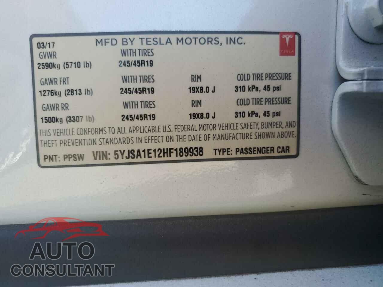 TESLA MODEL S 2017 - 5YJSA1E12HF189938