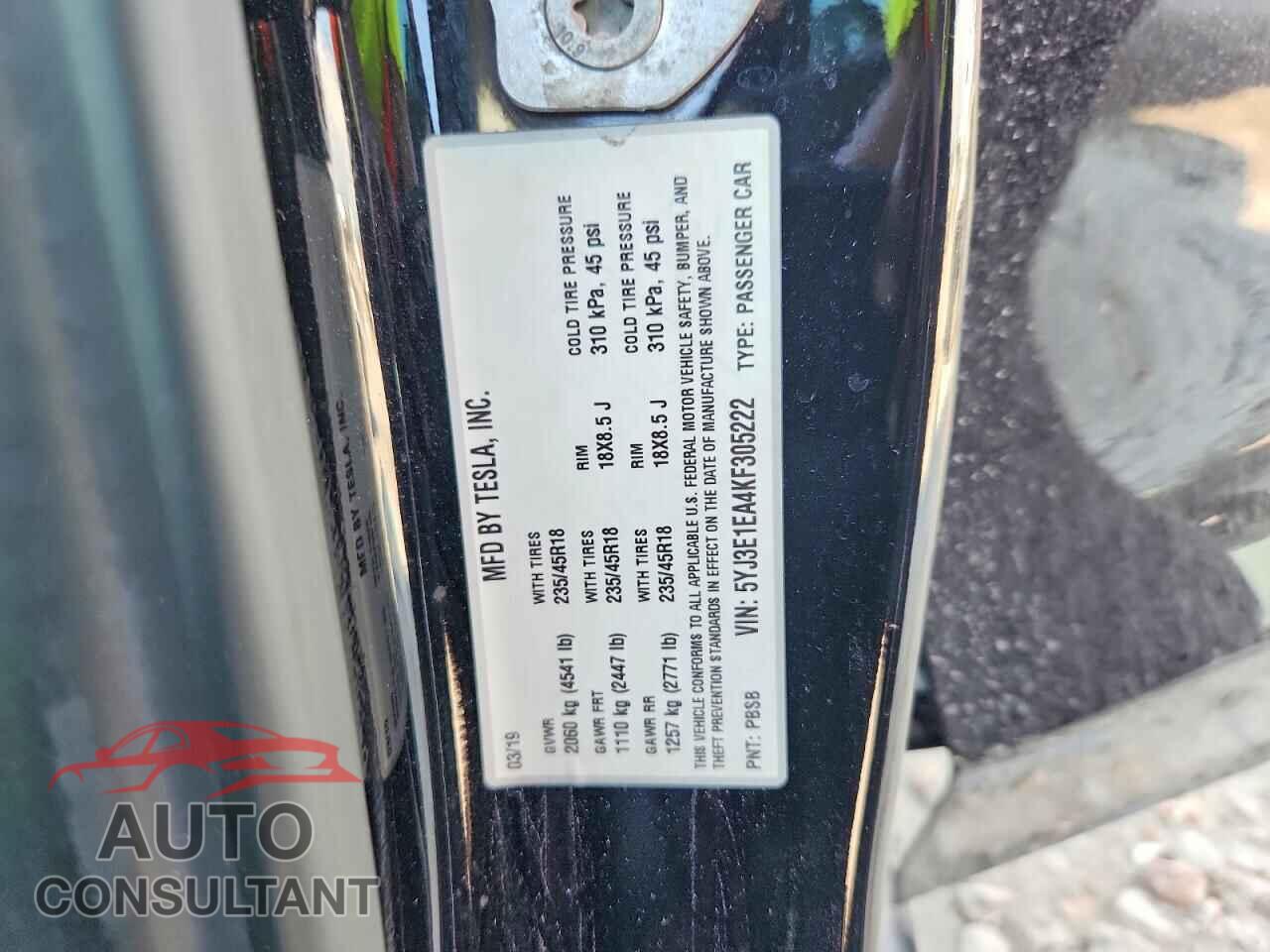 TESLA MODEL 3 2019 - 5YJ3E1EA4KF305222