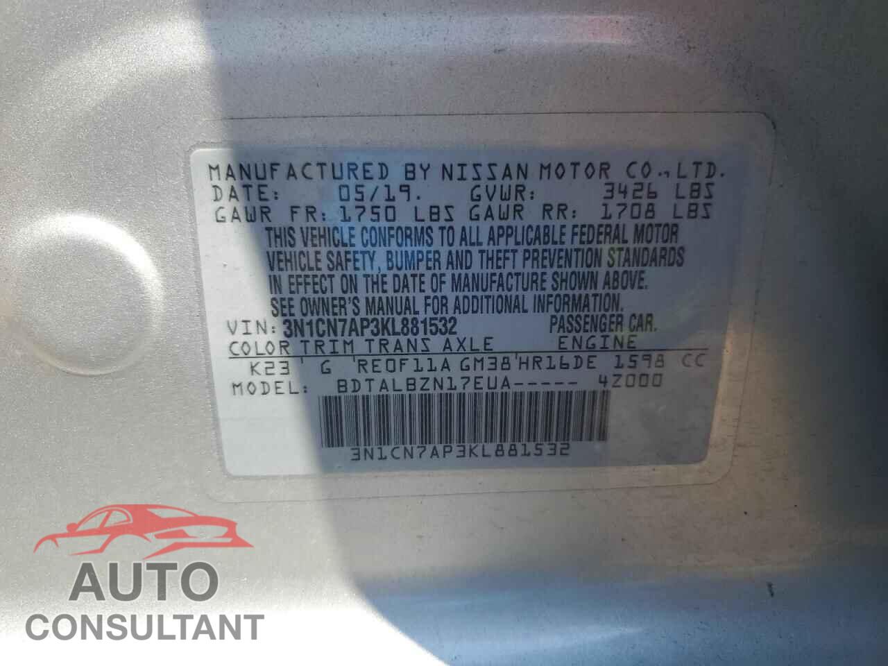 NISSAN VERSA 2019 - 3N1CN7AP3KL881532