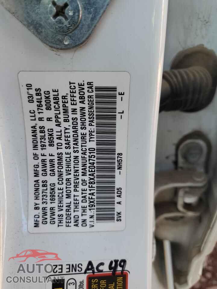 HONDA CIVIC 2010 - 19XFA1F8XAE047510