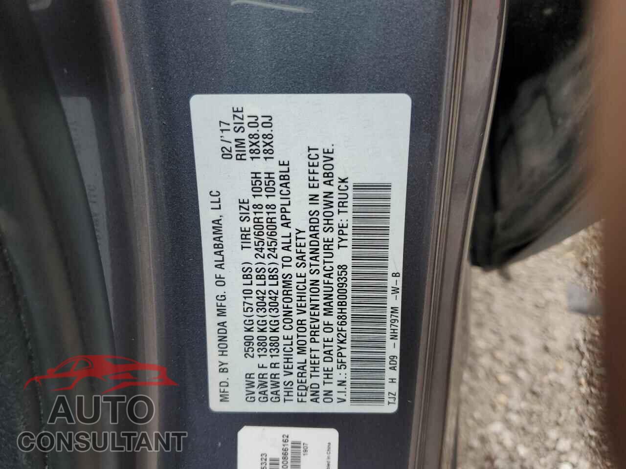 HONDA RIDGELINE 2017 - 5FPYK2F68HB009358