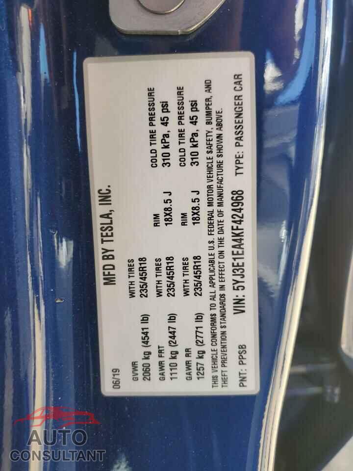 TESLA MODEL 3 2019 - 5YJ3E1EA4KF424968