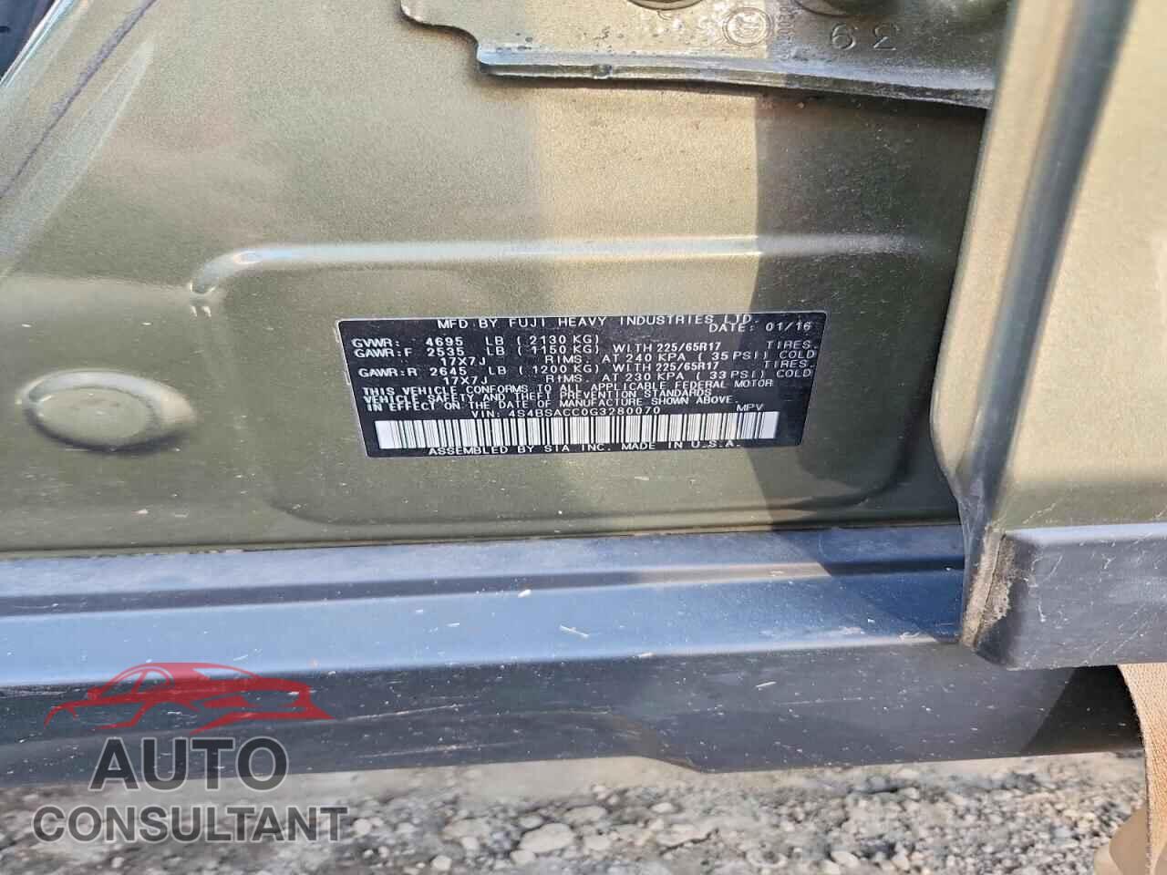 SUBARU OUTBACK 2016 - 4S4BSACC0G3280070