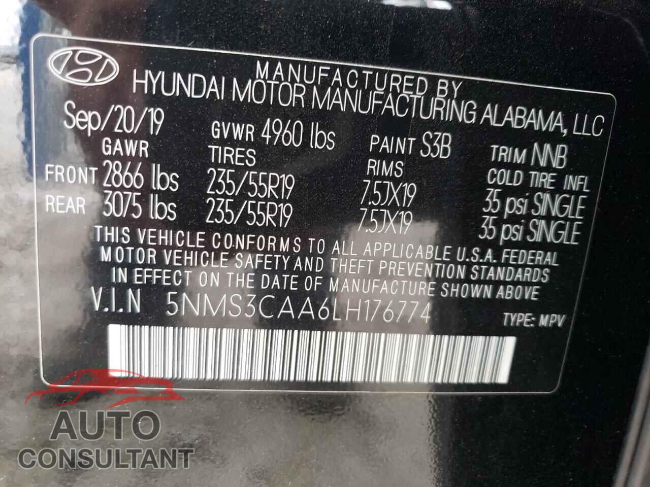 HYUNDAI SANTA FE 2020 - 5NMS3CAA6LH176774