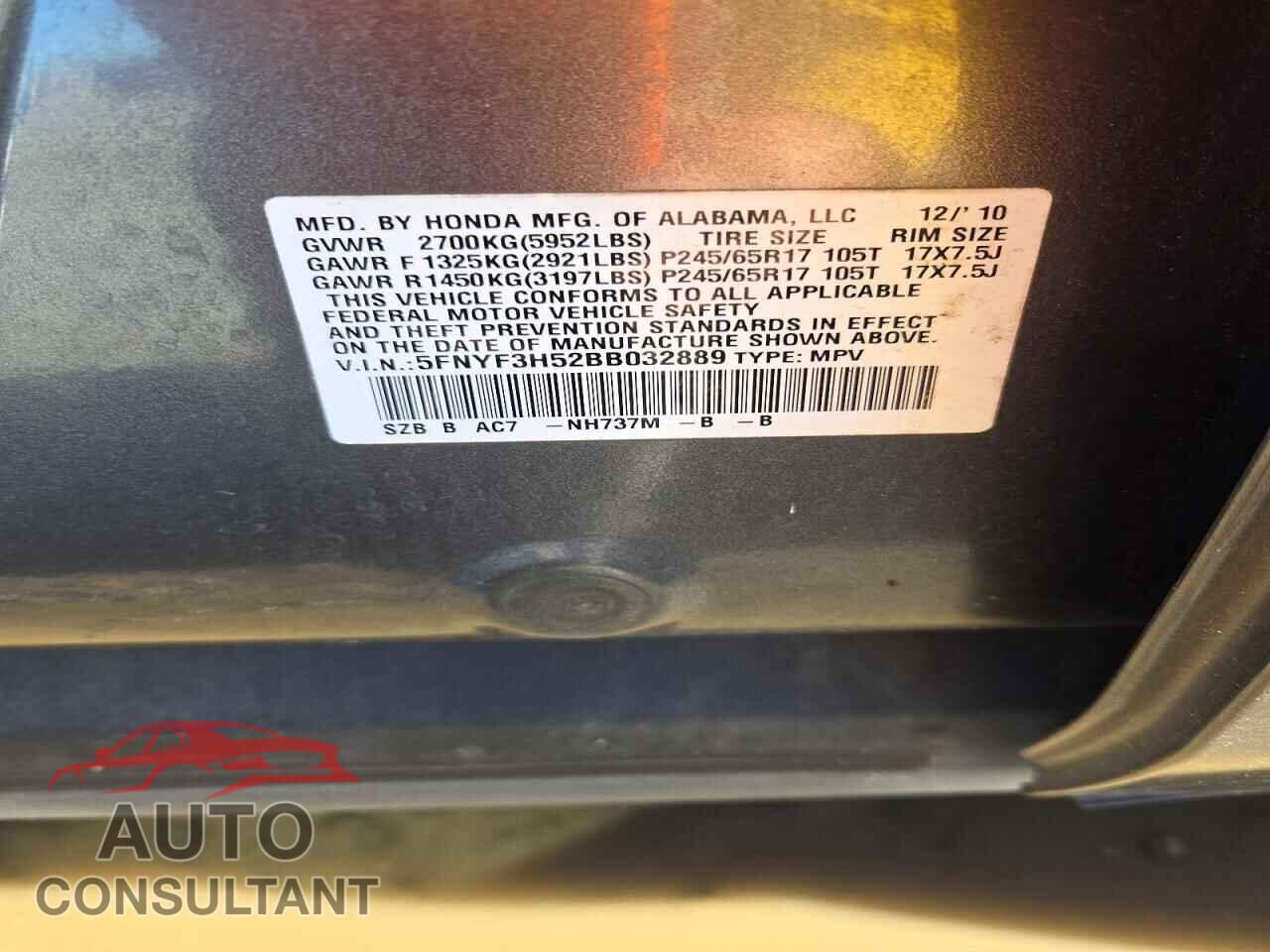 HONDA PILOT 2011 - 5FNYF3H52BB032889