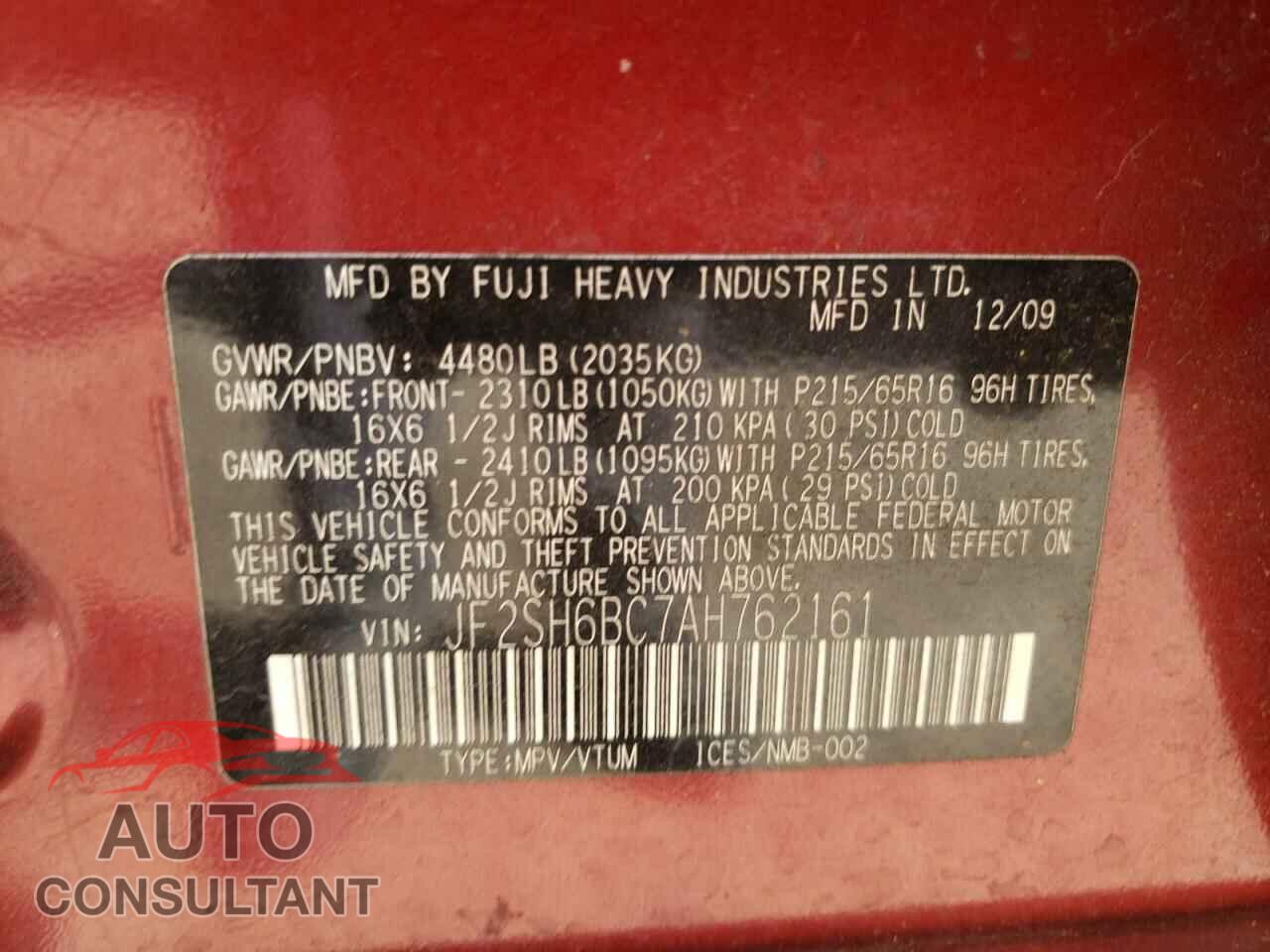 SUBARU FORESTER 2010 - JF2SH6BC7AH762161