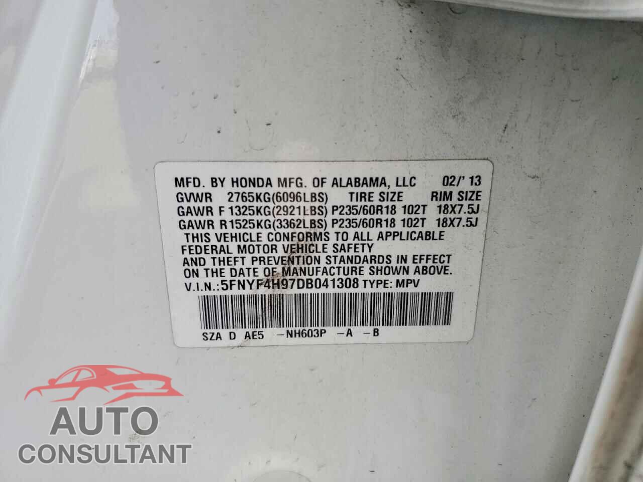 HONDA PILOT 2013 - 5FNYF4H97DB041308