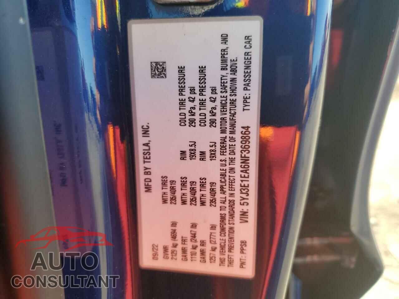 TESLA MODEL 3 2022 - 5YJ3E1EA6NF369864