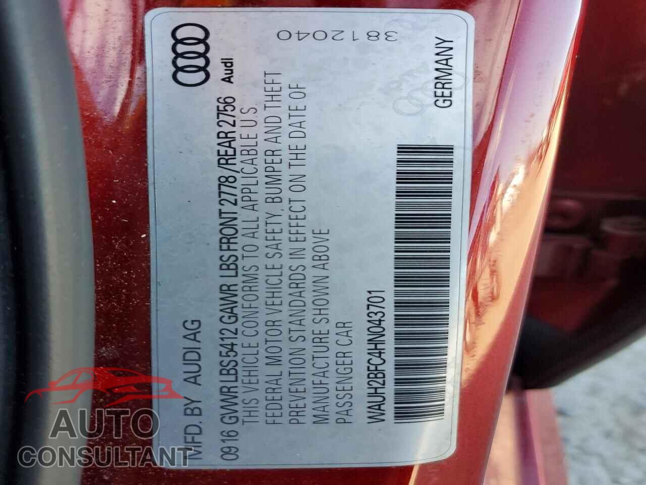 AUDI A6 2017 - WAUH2BFC4HN043701