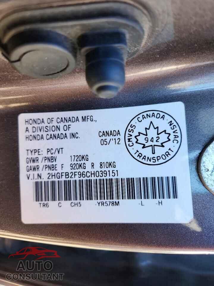 HONDA CIVIC 2012 - 2HGFB2F96CH039151
