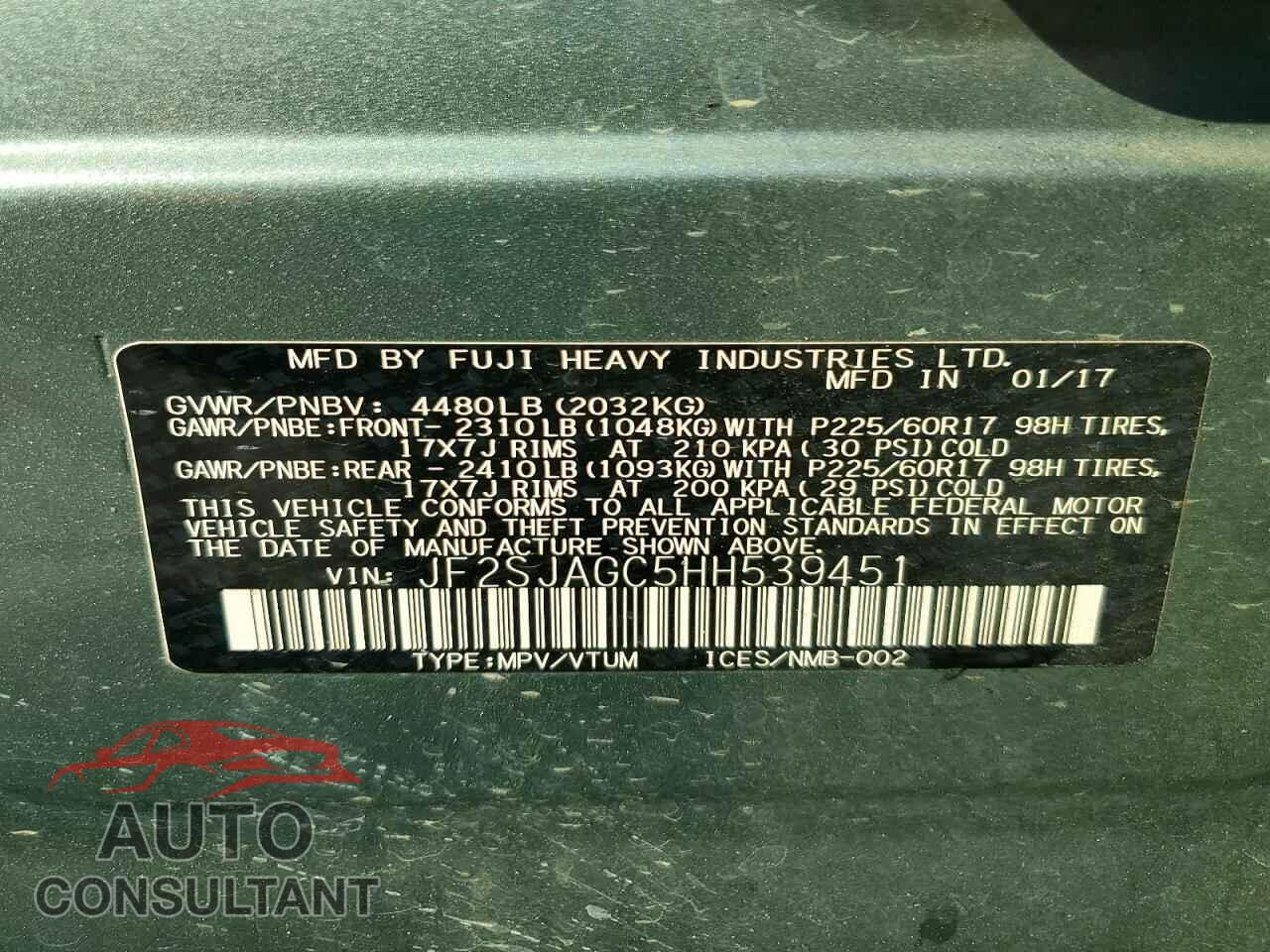 SUBARU FORESTER 2017 - JF2SJAGC5HH539451