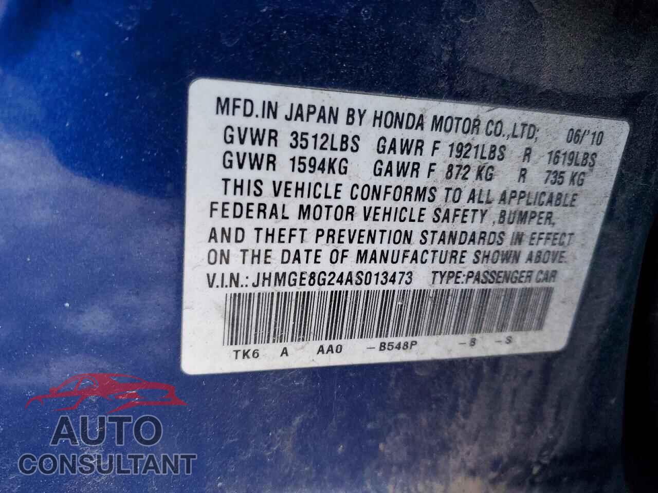 HONDA FIT 2010 - JHMGE8G24AS013473