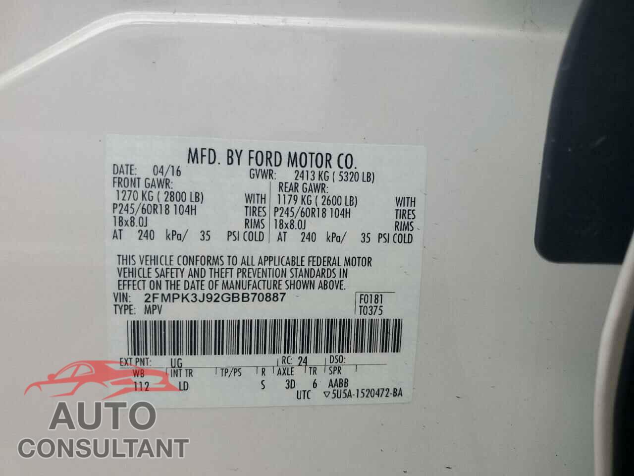 FORD EDGE 2016 - 2FMPK3J92GBB70887