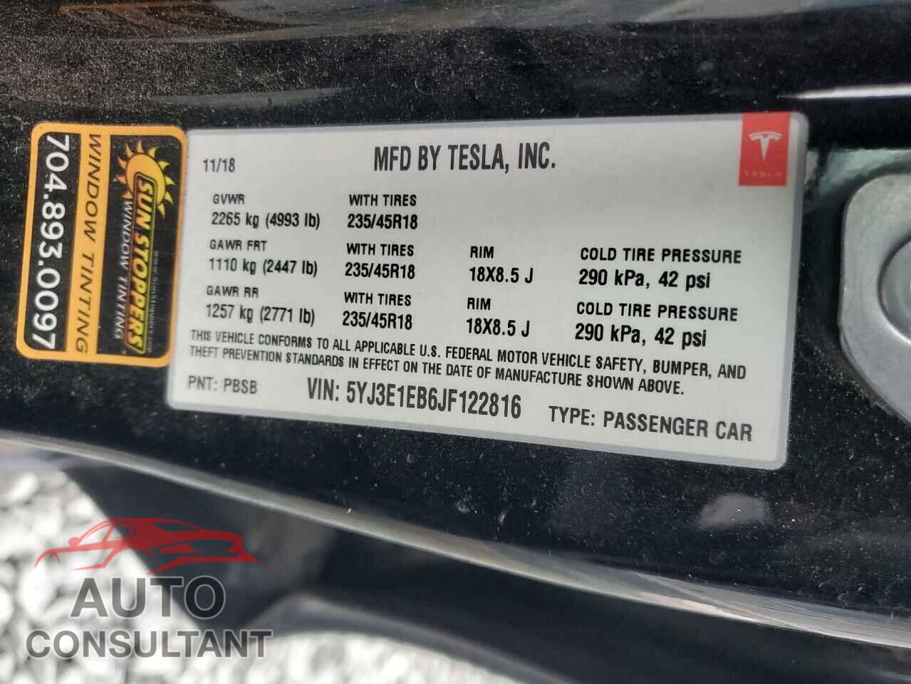 TESLA MODEL 3 2018 - 5YJ3E1EB6JF122816