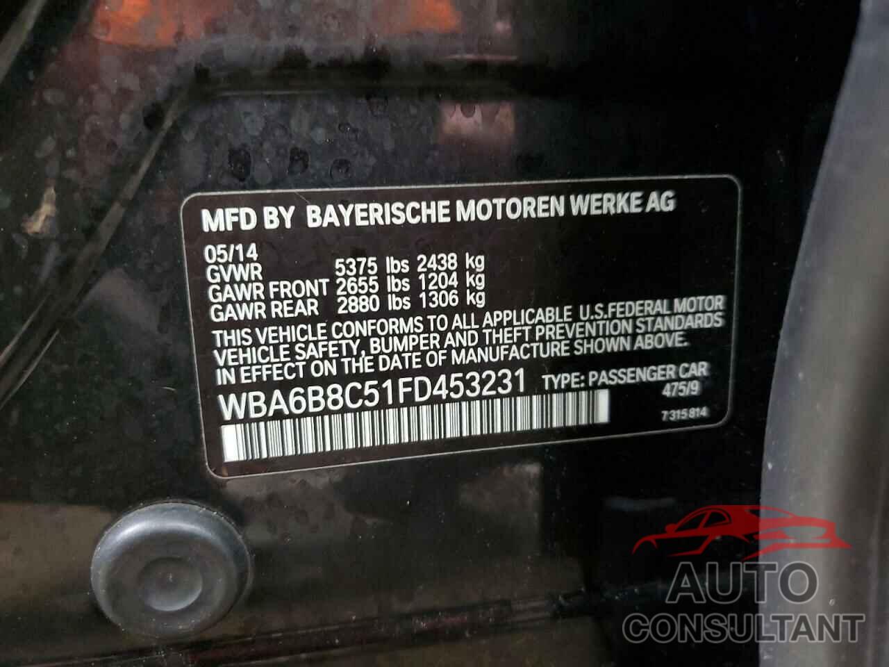 BMW 6 SERIES 2015 - WBA6B8C51FD453231