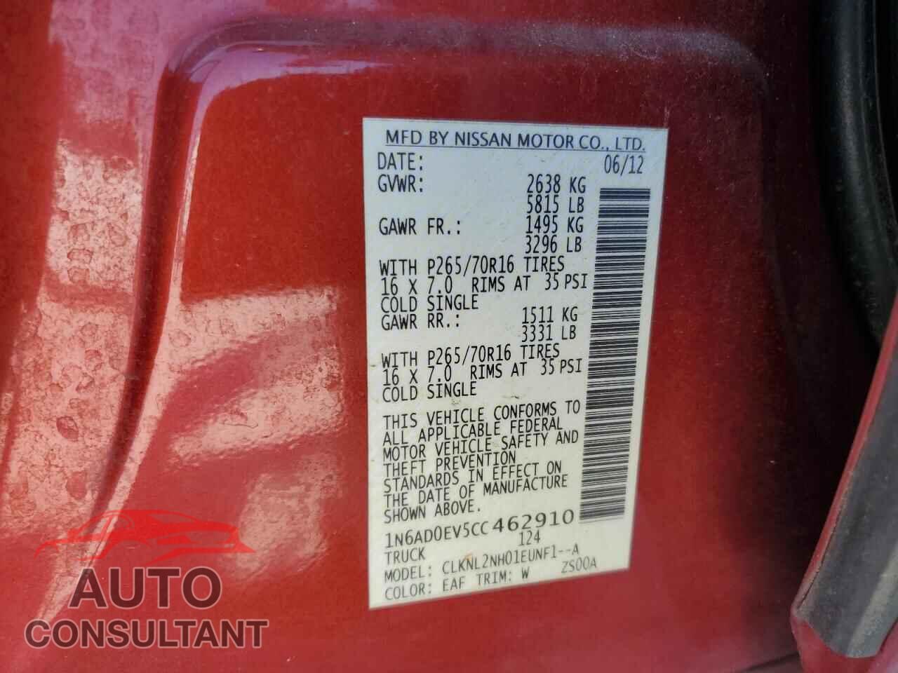 NISSAN FRONTIER 2012 - 1N6AD0EV5CC462910