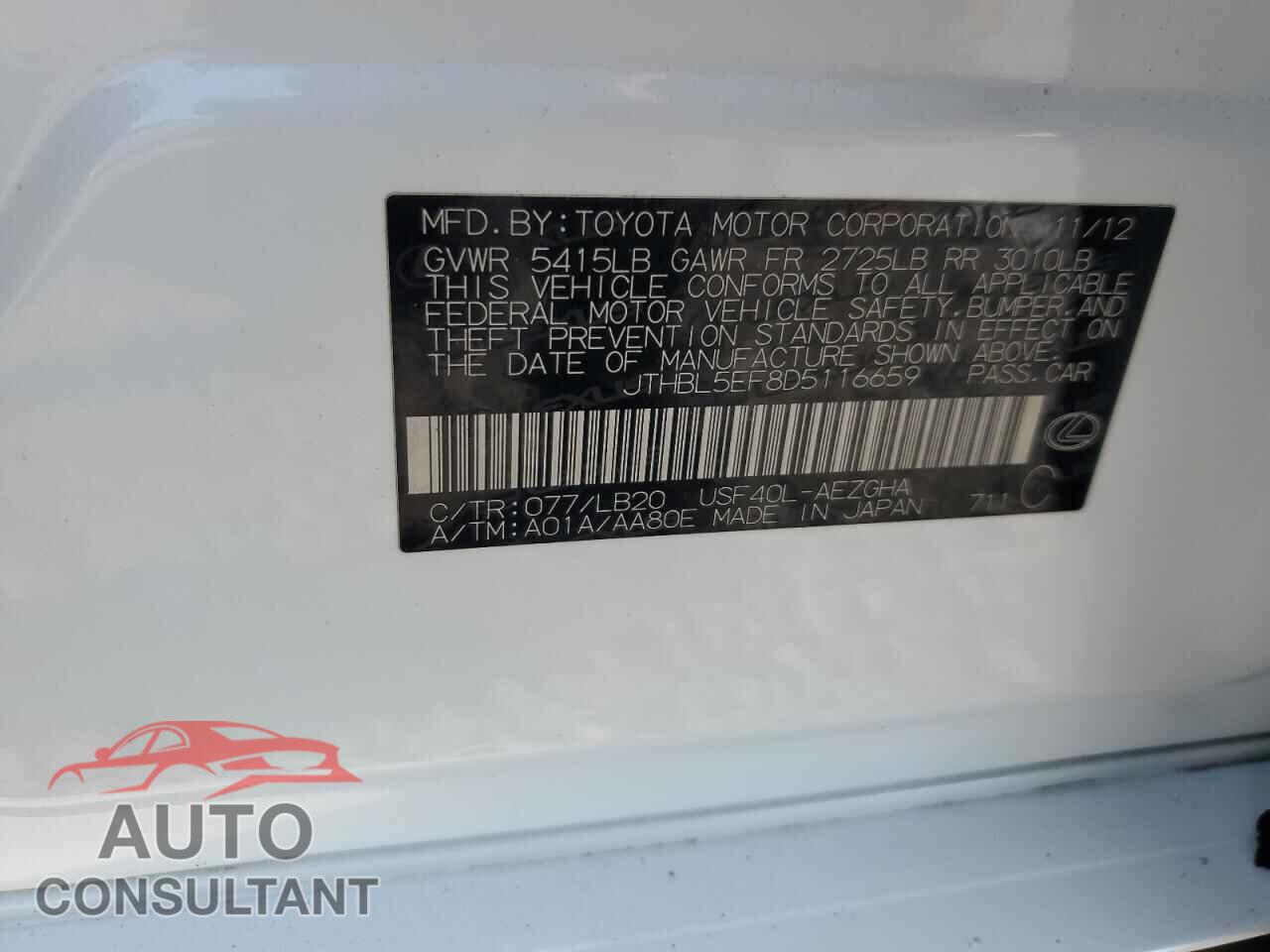LEXUS LS460 2013 - JTHBL5EF8D5116659