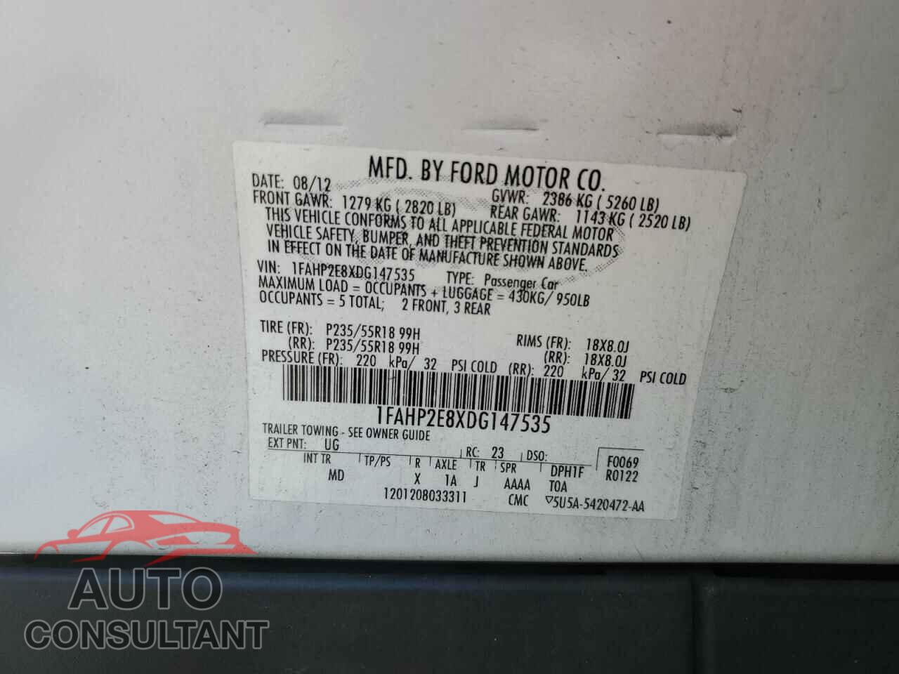 FORD TAURUS 2013 - 1FAHP2E8XDG147535