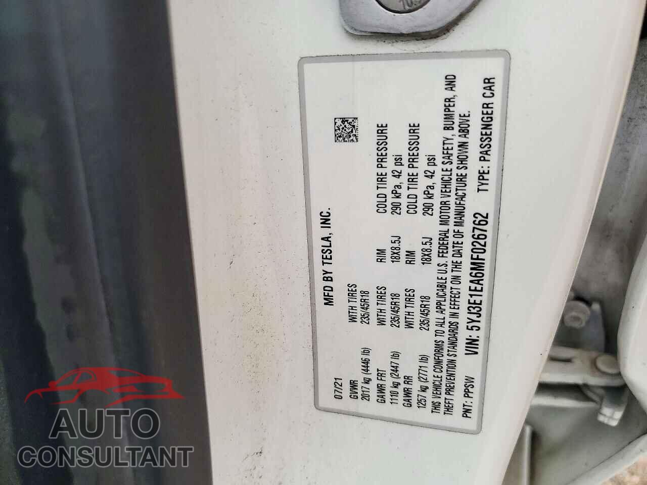 TESLA MODEL 3 2021 - 5YJ3E1EA6MF026762