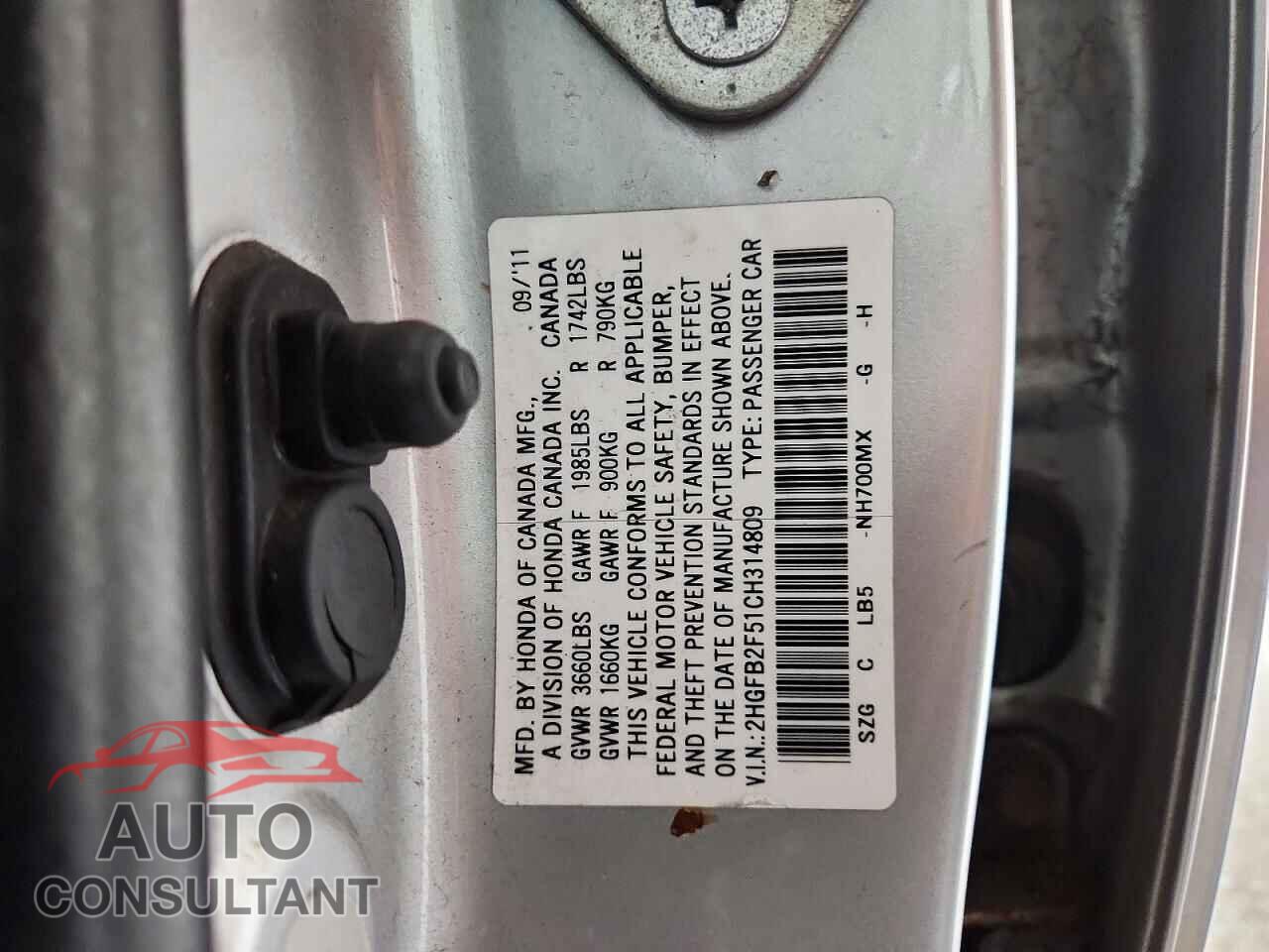 HONDA CIVIC 2012 - 2HGFB2F51CH314809