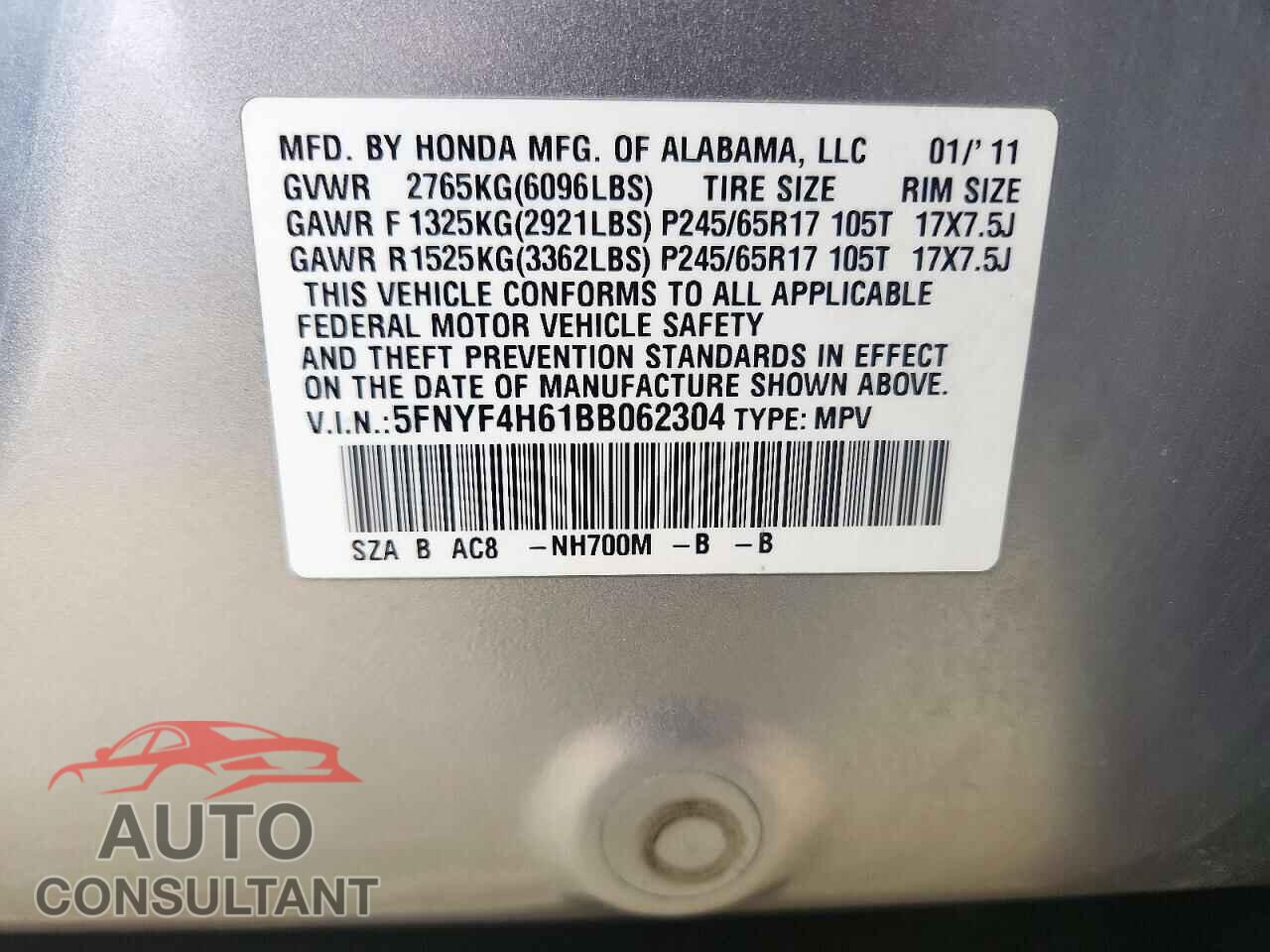 HONDA PILOT 2011 - 5FNYF4H61BB062304