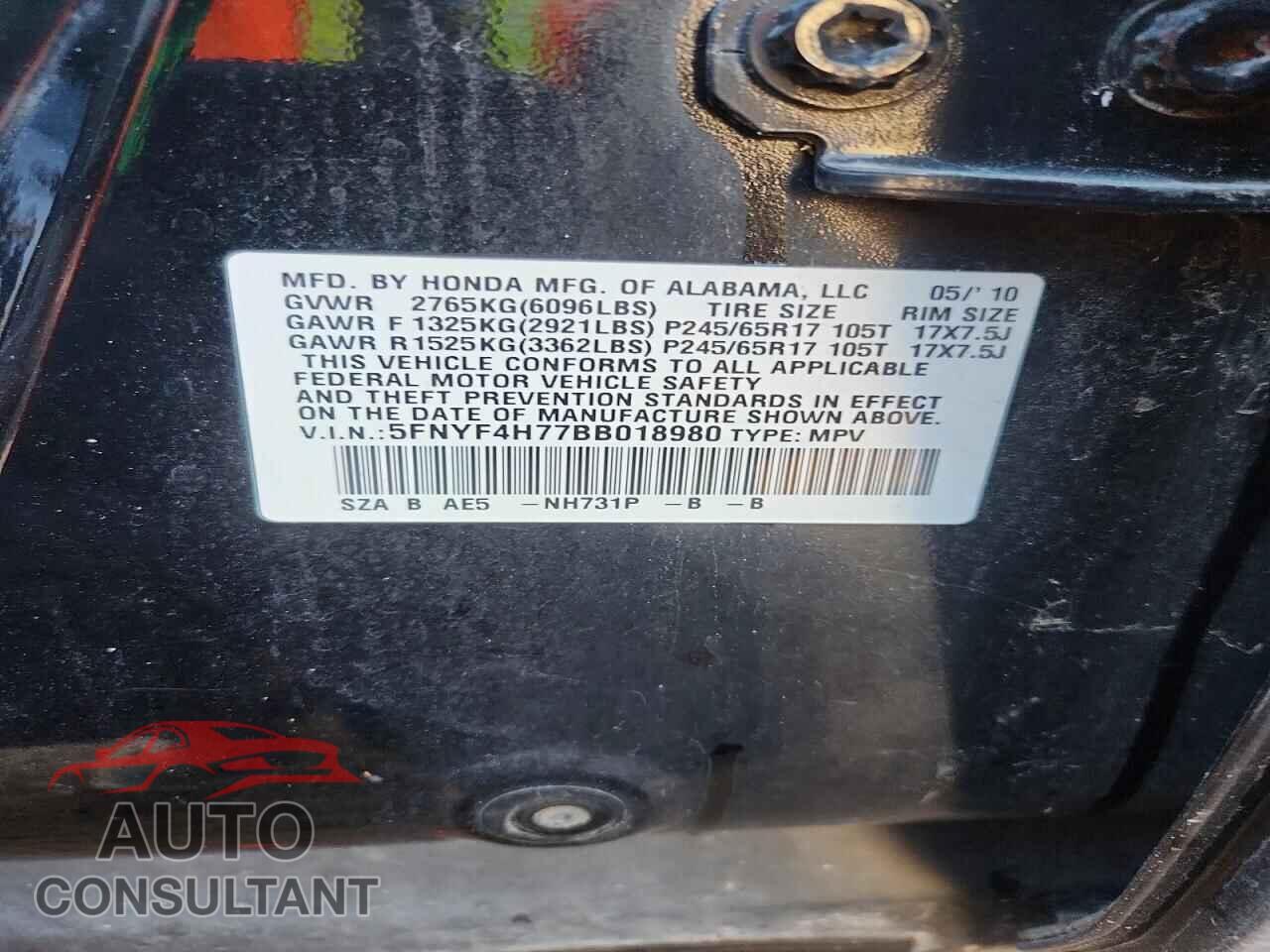 HONDA PILOT 2011 - 5FNYF4H77BB018980
