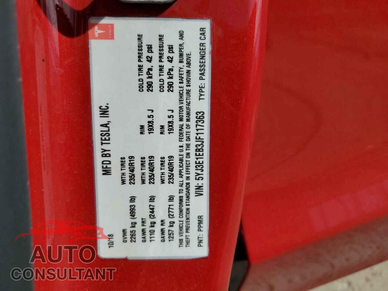 TESLA MODEL 3 2018 - 5YJ3E1EB3JF117363