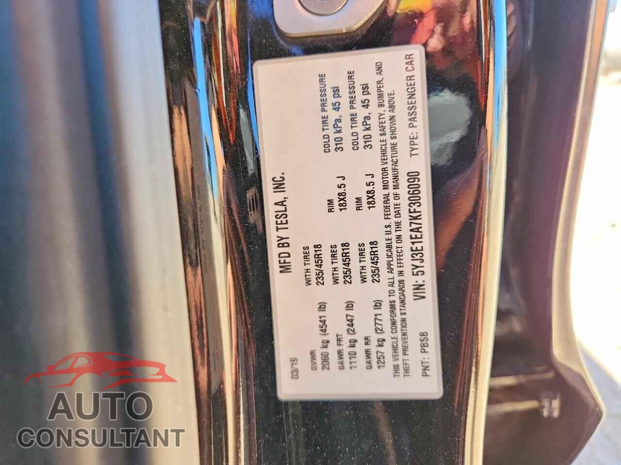 TESLA MODEL 3 2019 - 5YJ3E1EA7KF306090