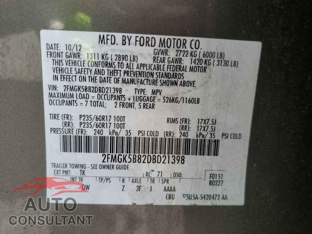 FORD FLEX 2013 - 2FMGK5B82DBD21398