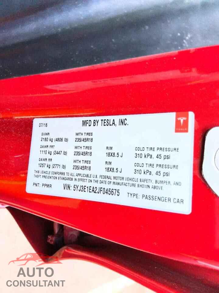 TESLA MODEL 3 2018 - 5YJ3E1EA2JF045675
