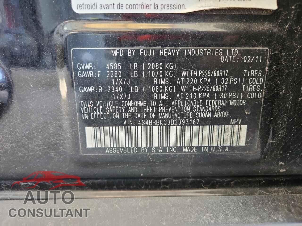 SUBARU OUTBACK 2011 - 4S4BRBKC3B3397167