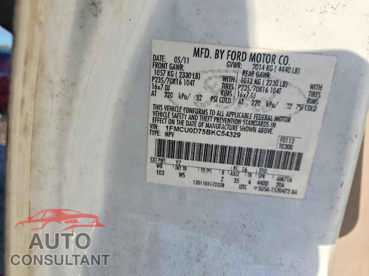 FORD ESCAPE 2011 - 1FMCU0D75BKC54329