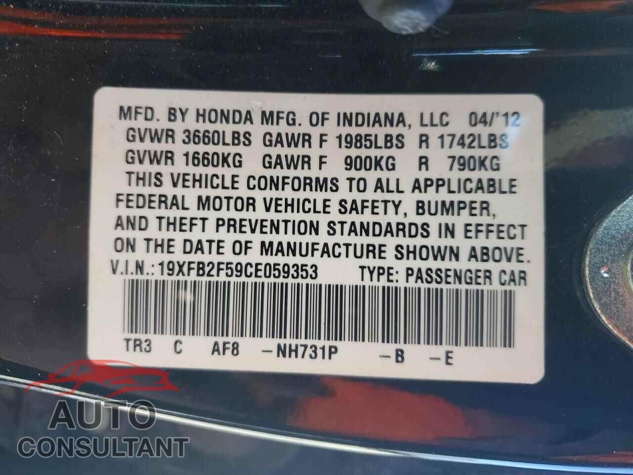 HONDA CIVIC 2012 - 19XFB2F59CE059353