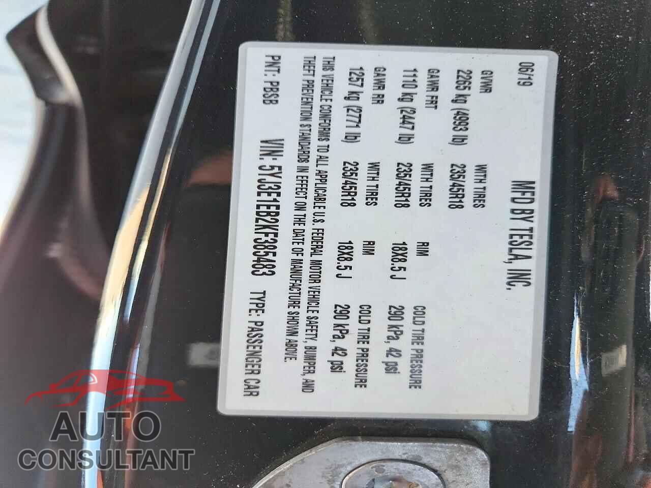 TESLA MODEL 3 2019 - 5YJ3E1EB2KF385483