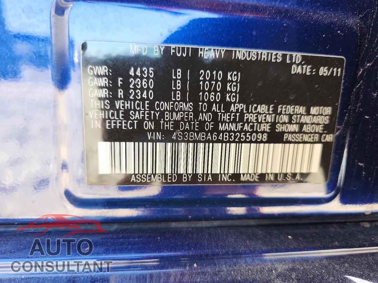 SUBARU LEGACY 2011 - 4S3BMBA64B3255098