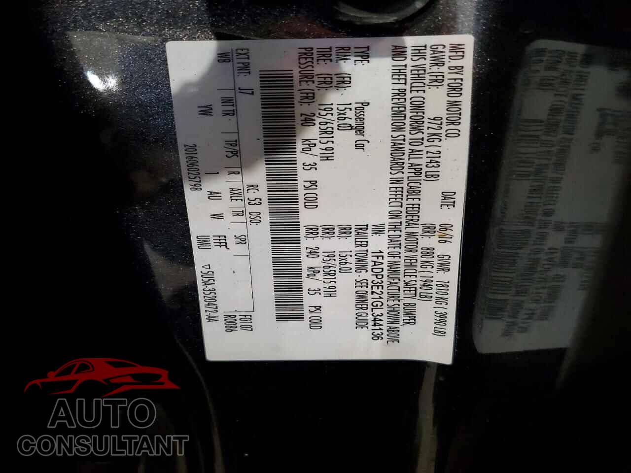 FORD FOCUS 2016 - 1FADP3E21GL344136