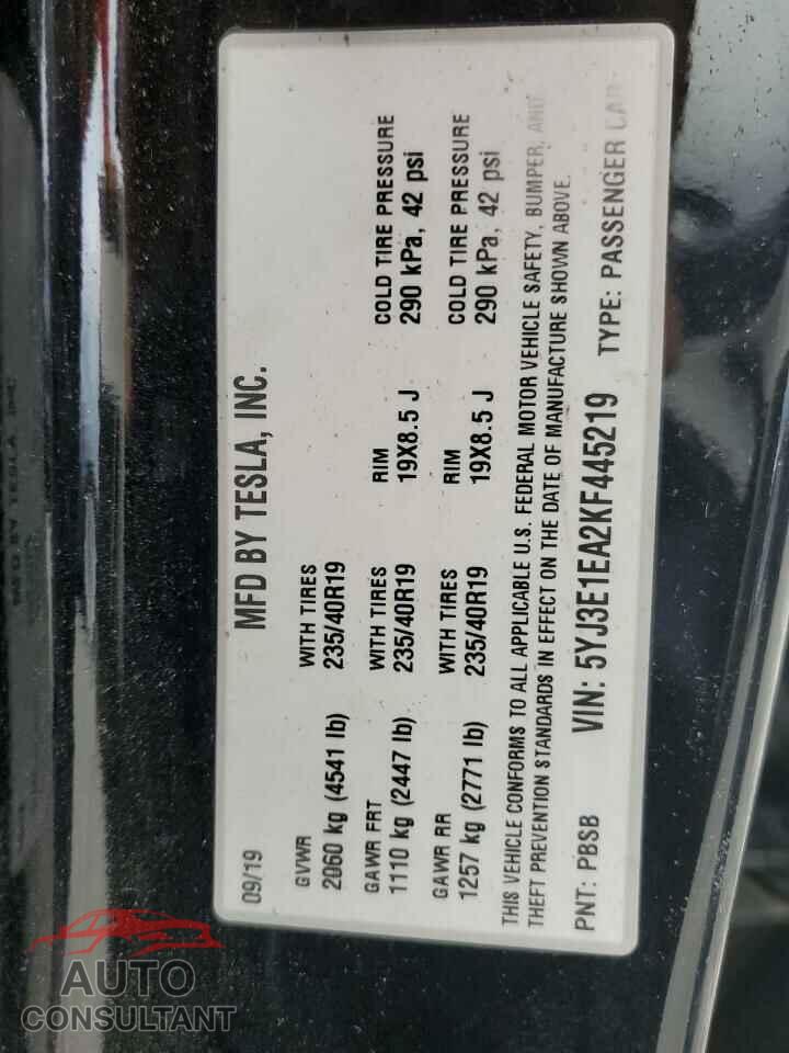 TESLA MODEL 3 2019 - 5YJ3E1EA2KF445219