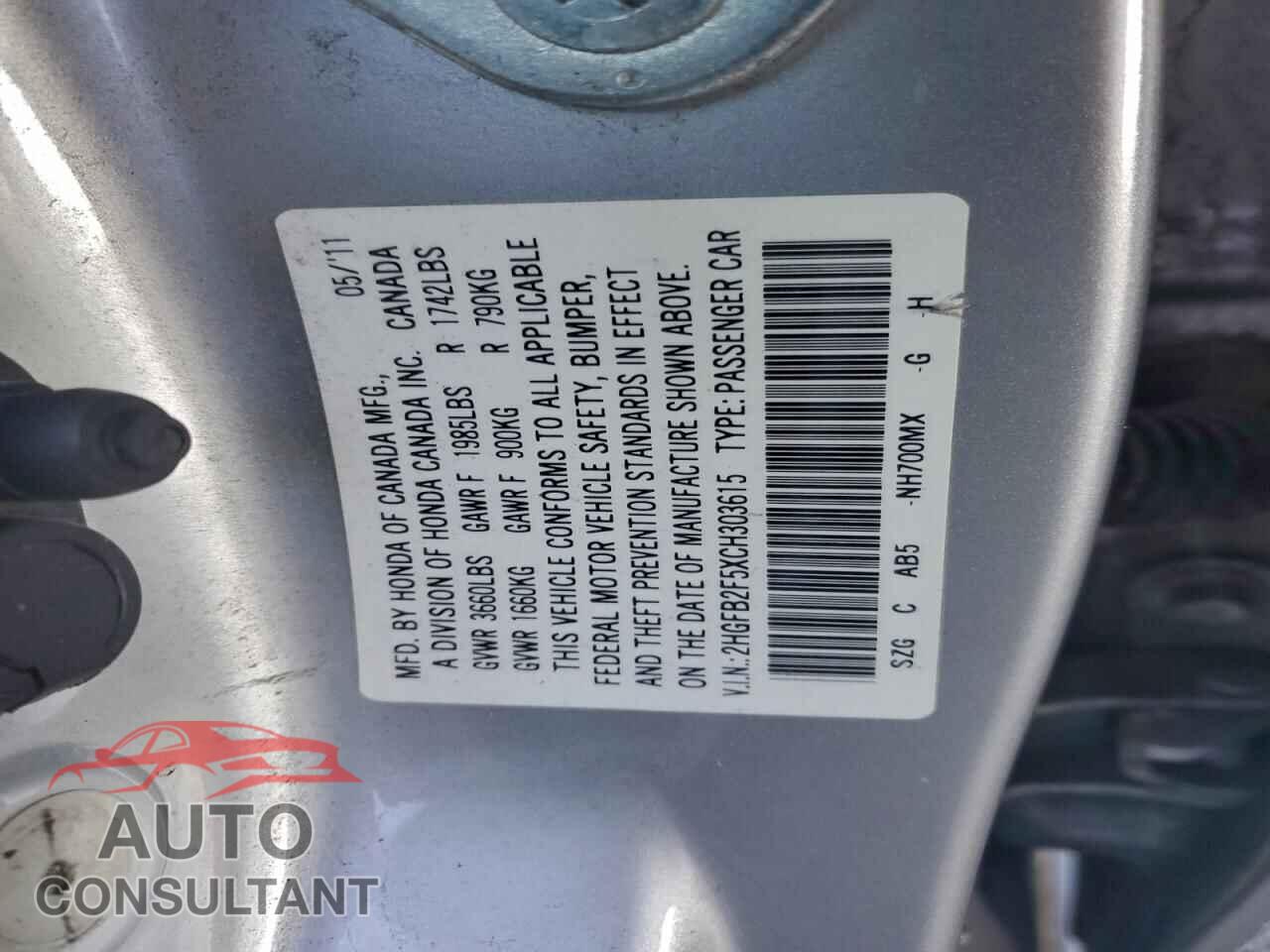 HONDA CIVIC 2012 - 2HGFB2F5XCH303615