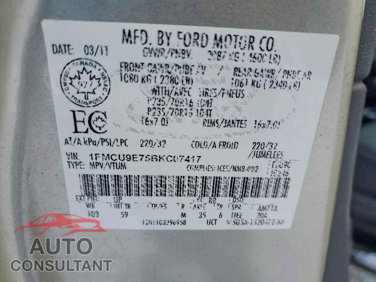 FORD ESCAPE 2011 - 1FMCU9E75BKC07417