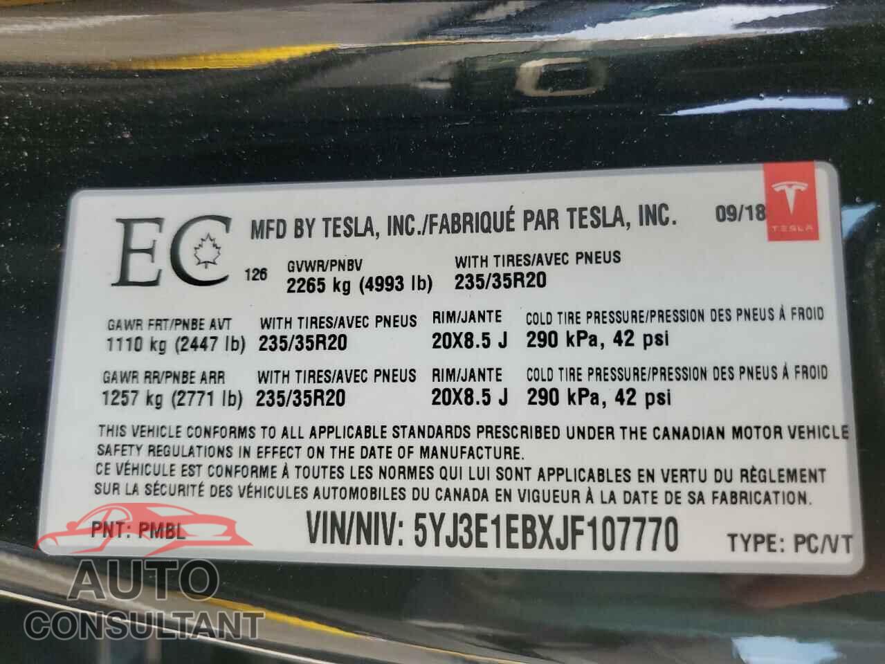 TESLA MODEL 3 2018 - 5YJ3E1EBXJF107770
