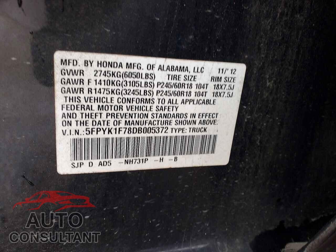 HONDA RIDGELINE 2013 - 5FPYK1F78DB005372