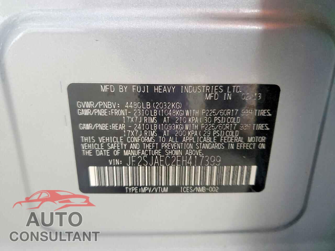 SUBARU FORESTER 2014 - JF2SJAEC2EH417399