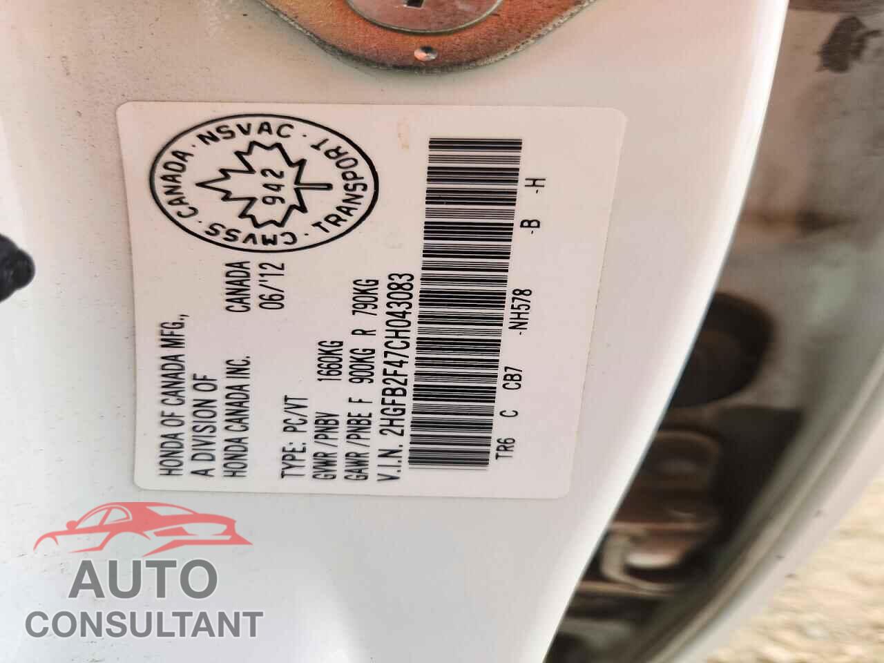 HONDA CIVIC 2012 - 2HGFB2F47CH043083