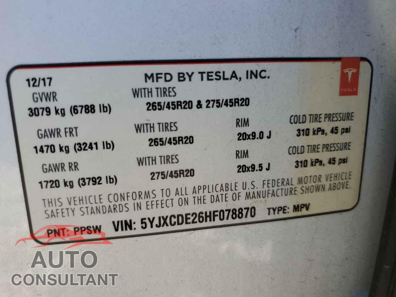 TESLA MODEL X 2017 - 5YJXCDE26HF078870