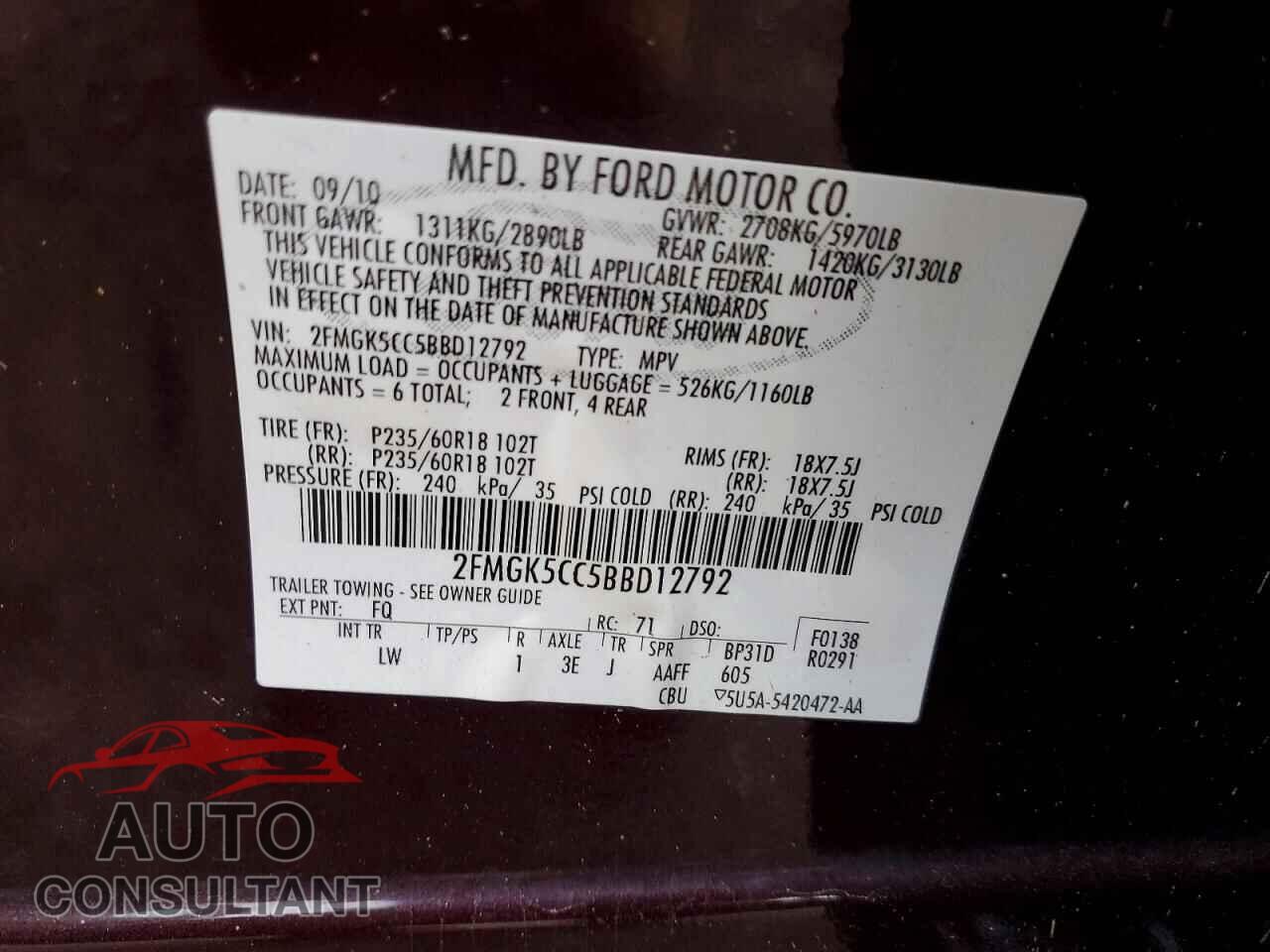 FORD FLEX 2011 - 2FMGK5CC5BBD12792