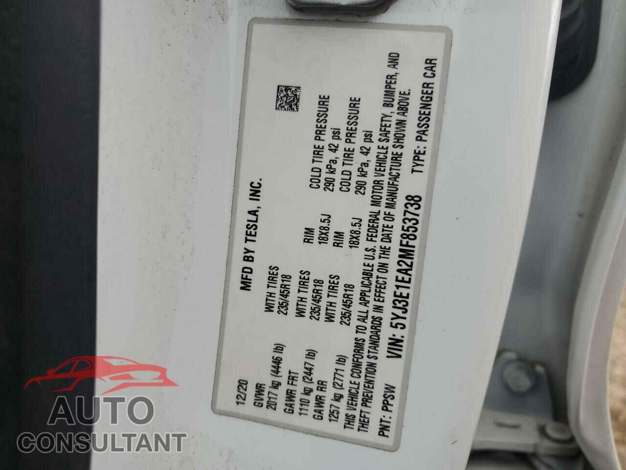 TESLA MODEL 3 2021 - 5YJ3E1EA2MF853738