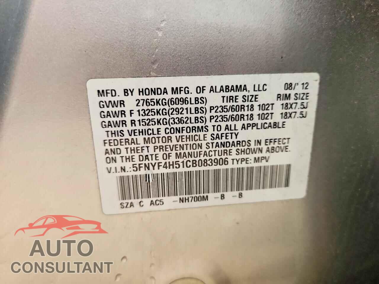 HONDA PILOT 2012 - 5FNYF4H51CB083906