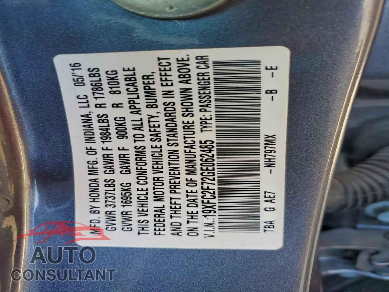 HONDA CIVIC 2016 - 19XFC2F72GE062485
